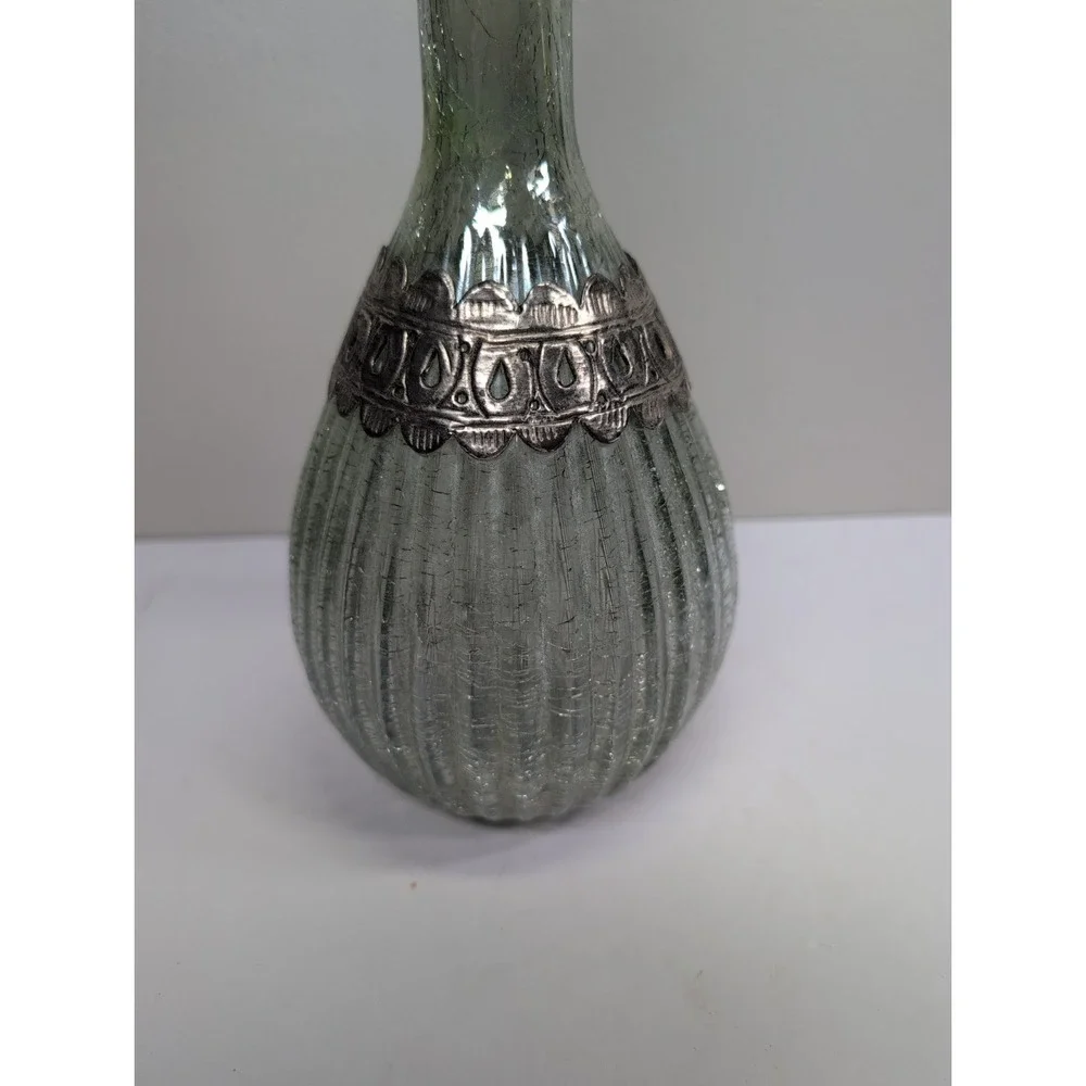 Vintage‎ Decanter Blue Crackle Glass w/ Detailed Silver Overlay  12 In
